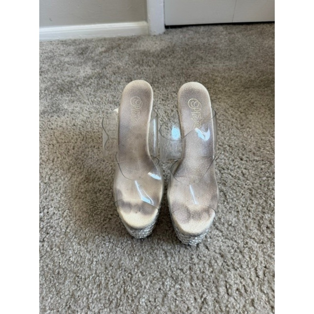 Pleaser Rhinestone Platform Slide Heels Clear PVC Stiletto Mules Silver Tone